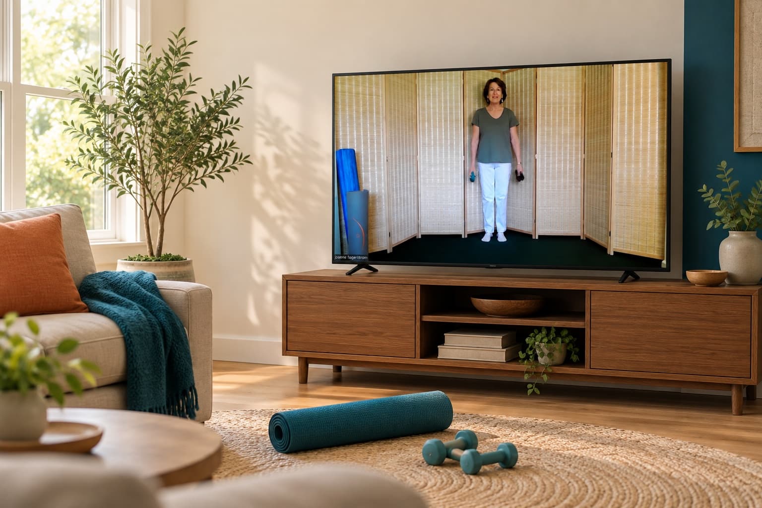 A bright living room with a TV on a wooden console showing a live Strong Bones class, a mat and light weights ready on the floor