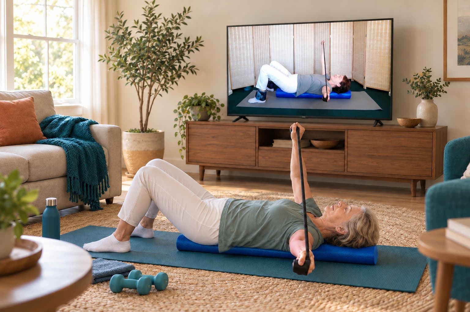 A member exercising in her living room, following a live Strong Bones class on the TV