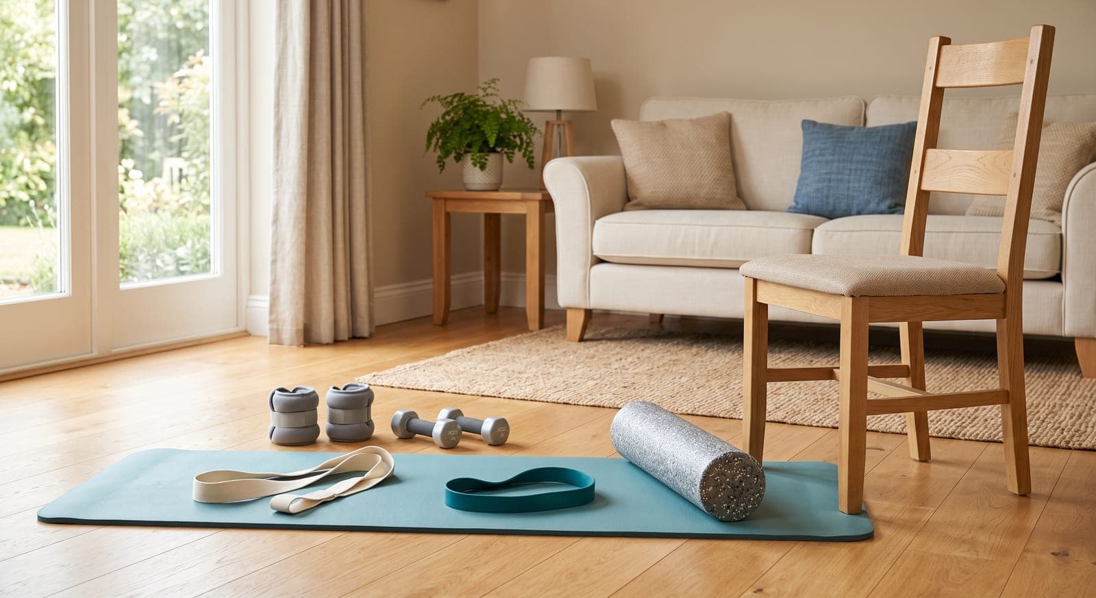 An exercise mat on a living room floor with ankle weights, light dumbbells, a stretching strap, a resistance band and a foam roller, beside a sturdy wooden chair